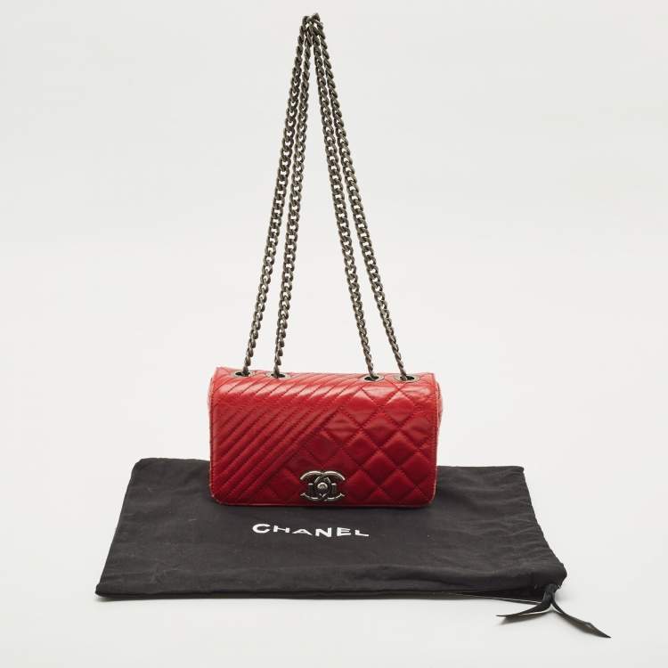 Pre Owned Chanel Red Mixed Quilted Leather Small Coco Boy Flap Bag