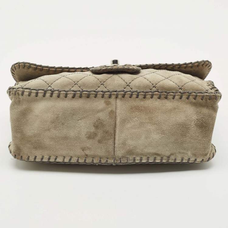 Pre Owned Chanel Grey Quilted Suede Jumbo Whipstitch Classic Single Flap Bag