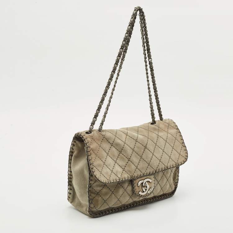 Pre Owned Chanel Grey Quilted Suede Jumbo Whipstitch Classic Single Flap Bag