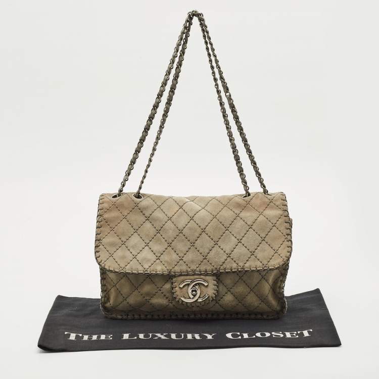 Pre Owned Chanel Grey Quilted Suede Jumbo Whipstitch Classic Single Flap Bag
