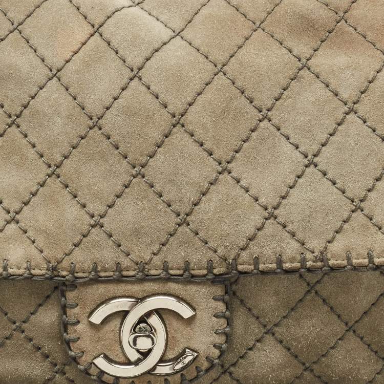 Pre Owned Chanel Grey Quilted Suede Jumbo Whipstitch Classic Single Flap Bag