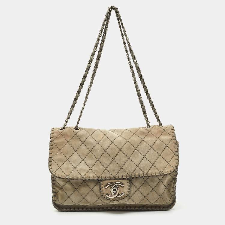 Pre Owned Chanel Grey Quilted Suede Jumbo Whipstitch Classic Single Flap Bag