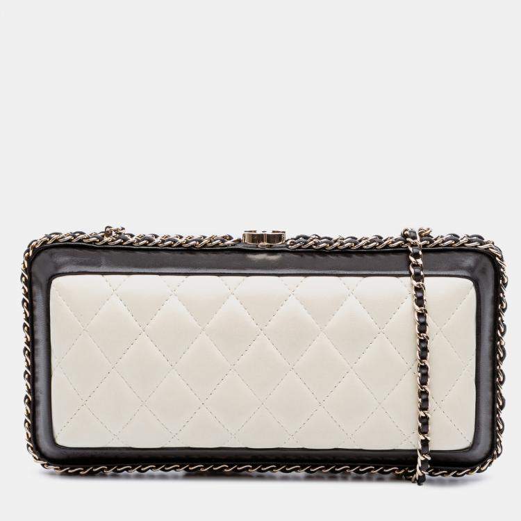 Pre Owned Chanel Black/White Lambskin Quilted Chain Around Clutch