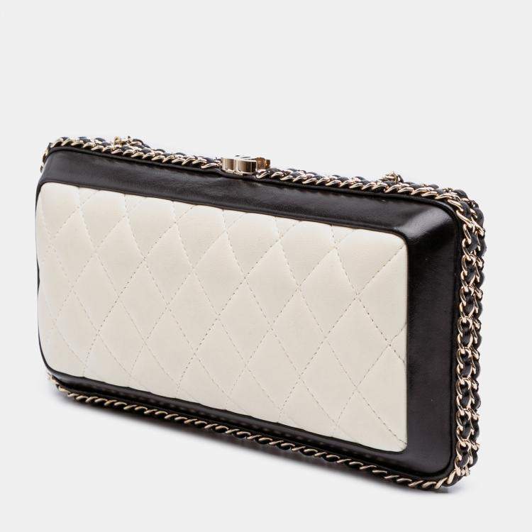 Pre Owned Chanel Black/White Lambskin Quilted Chain Around Clutch