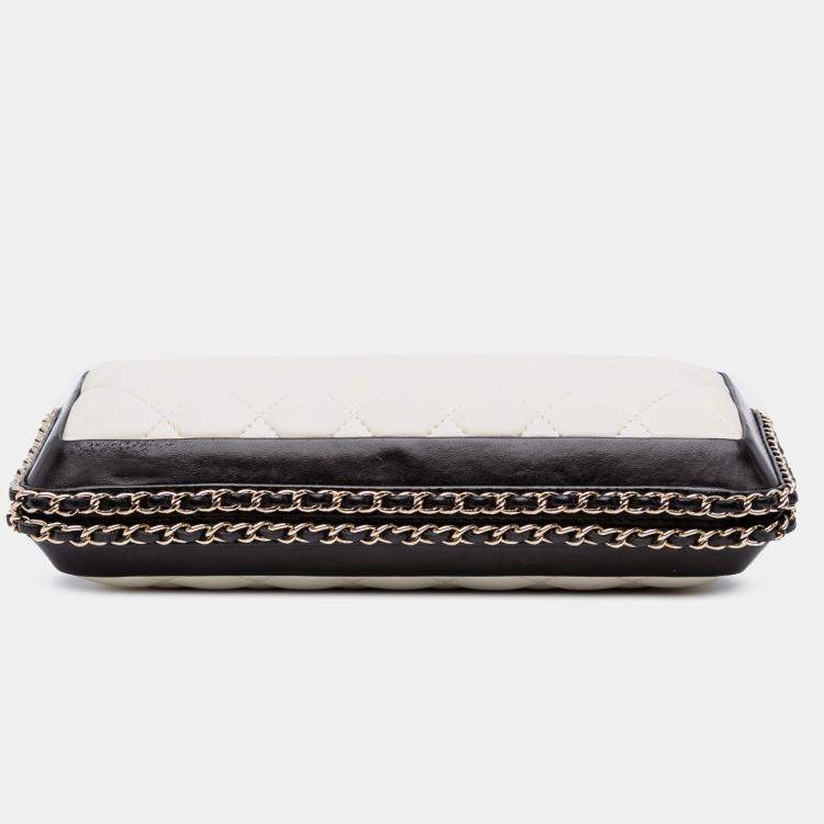 Pre Owned Chanel Black/White Lambskin Quilted Chain Around Clutch
