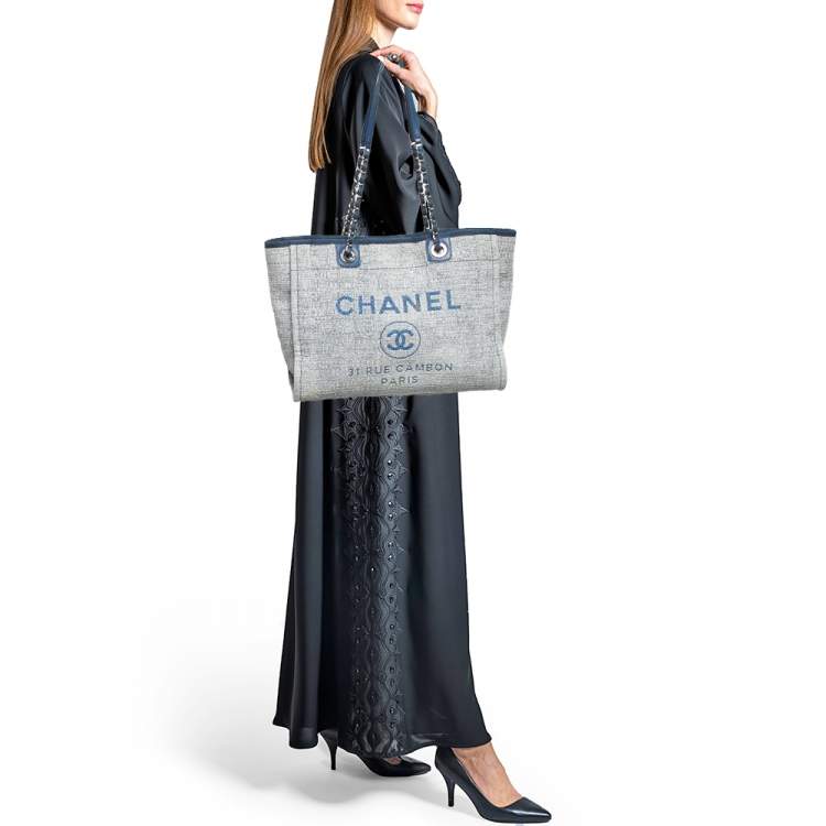 Pre Owned Chanel Blue Tweed Medium Deauville Shopper Tote