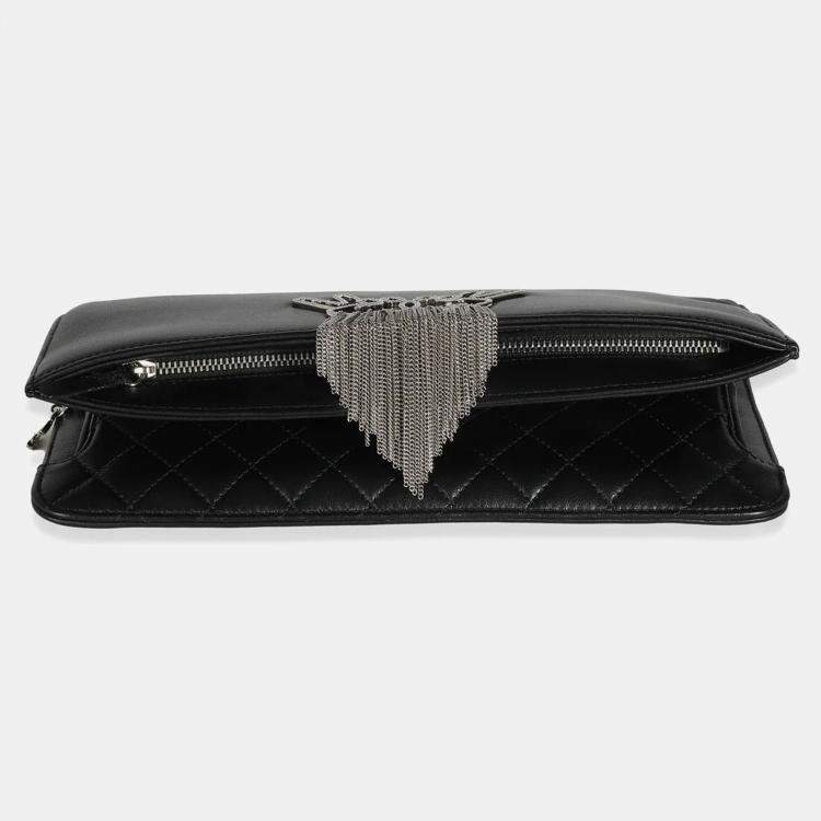 Pre Owned Chanel Black Lambskin Crystal Peace Sign Emoji Fold Over Clutch