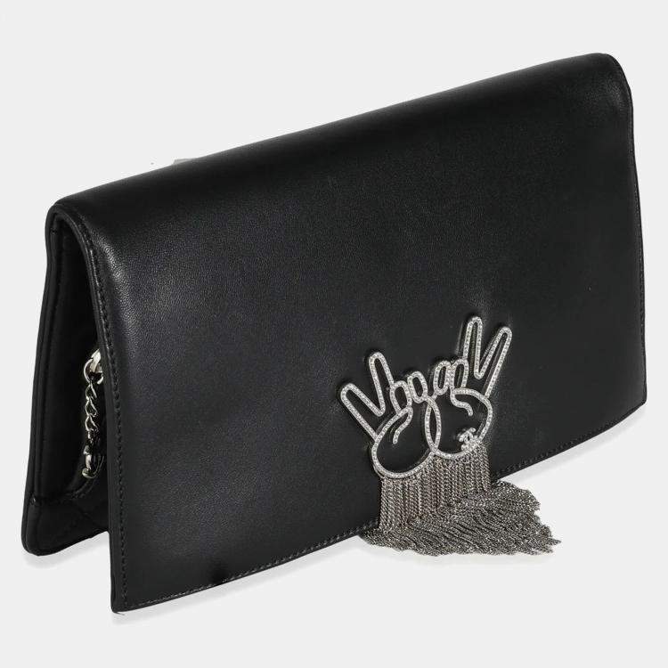 Pre Owned Chanel Black Lambskin Crystal Peace Sign Emoji Fold Over Clutch