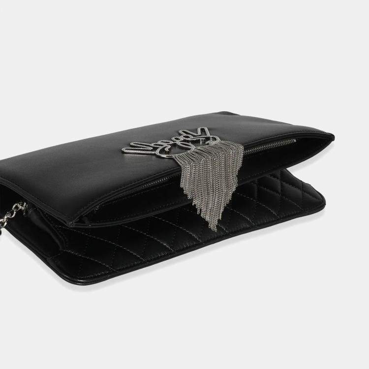 Pre Owned Chanel Black Lambskin Crystal Peace Sign Emoji Fold Over Clutch