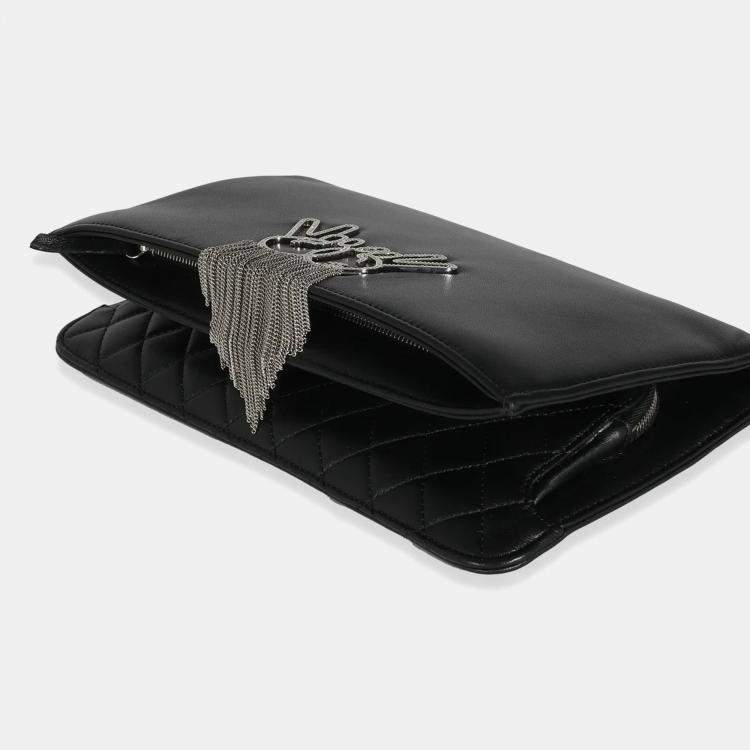 Pre Owned Chanel Black Lambskin Crystal Peace Sign Emoji Fold Over Clutch