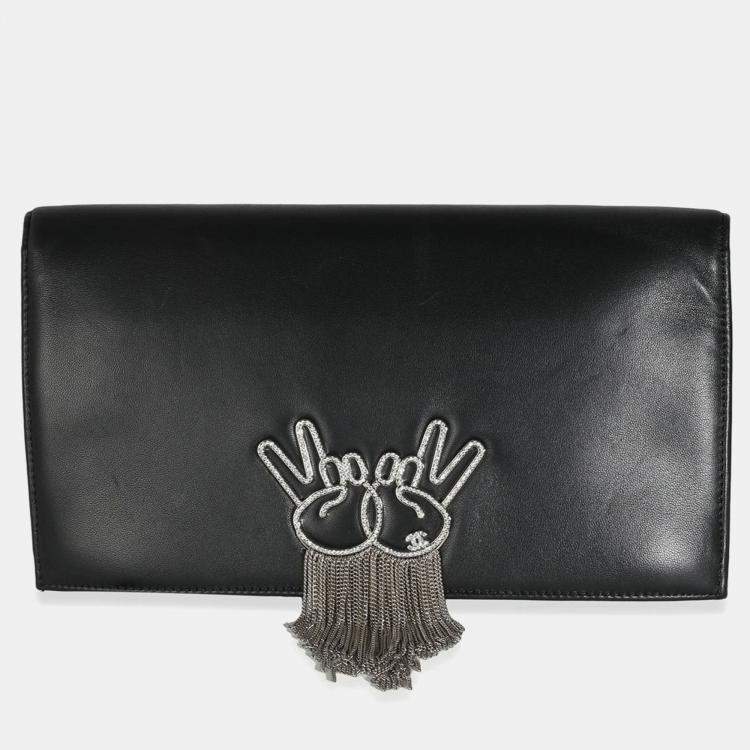 Pre Owned Chanel Black Lambskin Crystal Peace Sign Emoji Fold Over Clutch