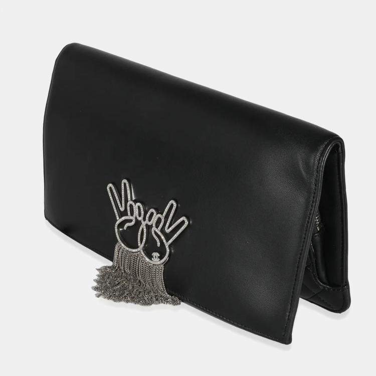 Pre Owned Chanel Black Lambskin Crystal Peace Sign Emoji Fold Over Clutch