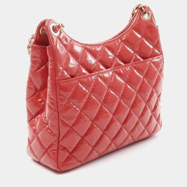 Pre Owned Chanel Red Patent Leather Hobo Chain Shoulder Bag 