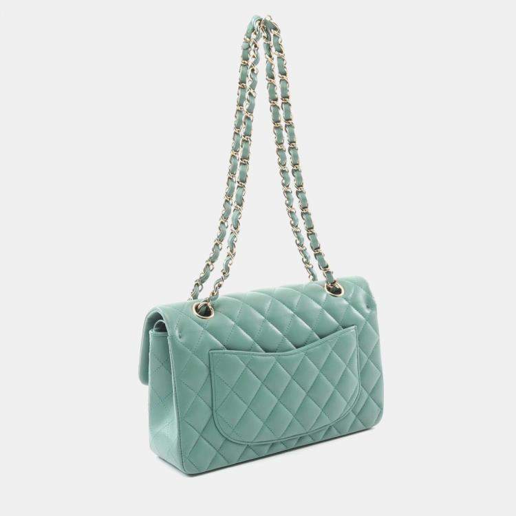 Pre Owned Chanel Lambskin Green Classic Flap Chain Shoulder Bag 