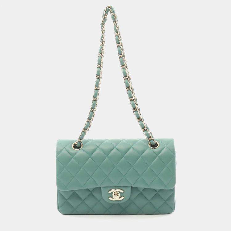 Pre Owned Chanel Lambskin Green Classic Flap Chain Shoulder Bag 
