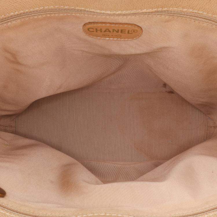 Pre Owned Chanel Beige Brown Grained Calfskin Tortoise Tote