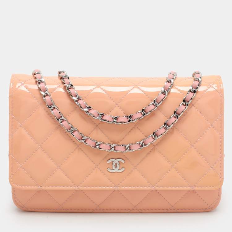Pre Owned Chanel Pink Quilted Patent Leather CC Wallet On Chain