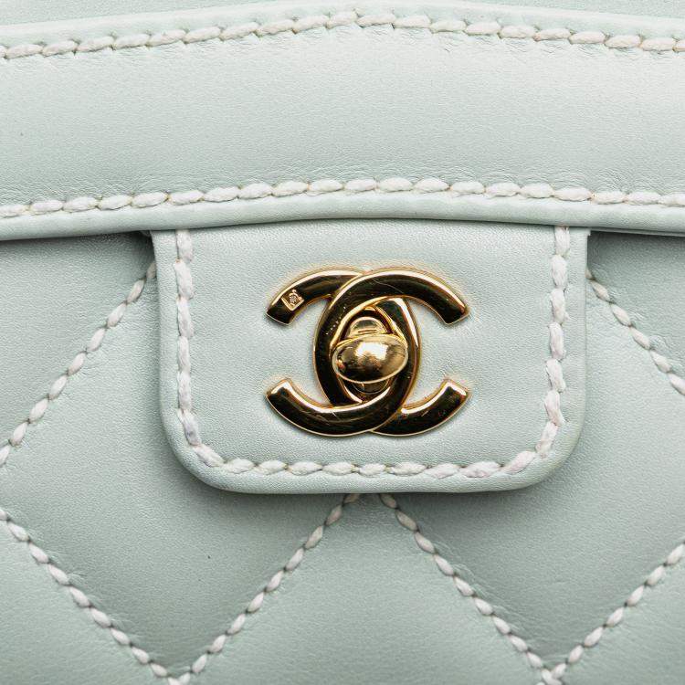 Pre Owned Chanel Blue Quilted Lambskin Wild Stitch Top Handle Bag