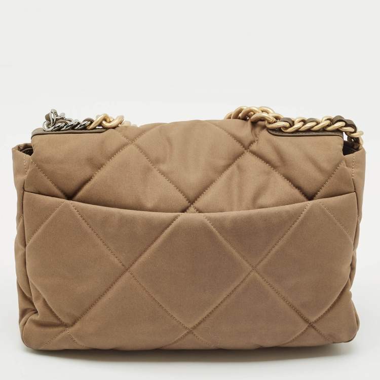 Pre Owned Chanel Brown Quilted Nylon Large 19 Flap Bag