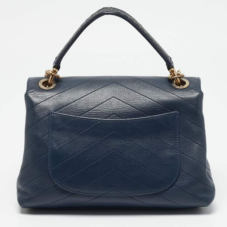 Pre Owned Chanel Navy Blue Chevron Leather and Snakeskin Chic Top Handle Bag