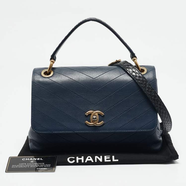 Pre Owned Chanel Navy Blue Chevron Leather and Snakeskin Chic Top Handle Bag