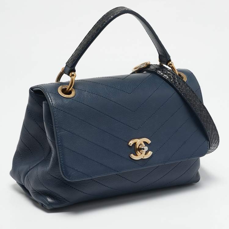 Pre Owned Chanel Navy Blue Chevron Leather and Snakeskin Chic Top Handle Bag