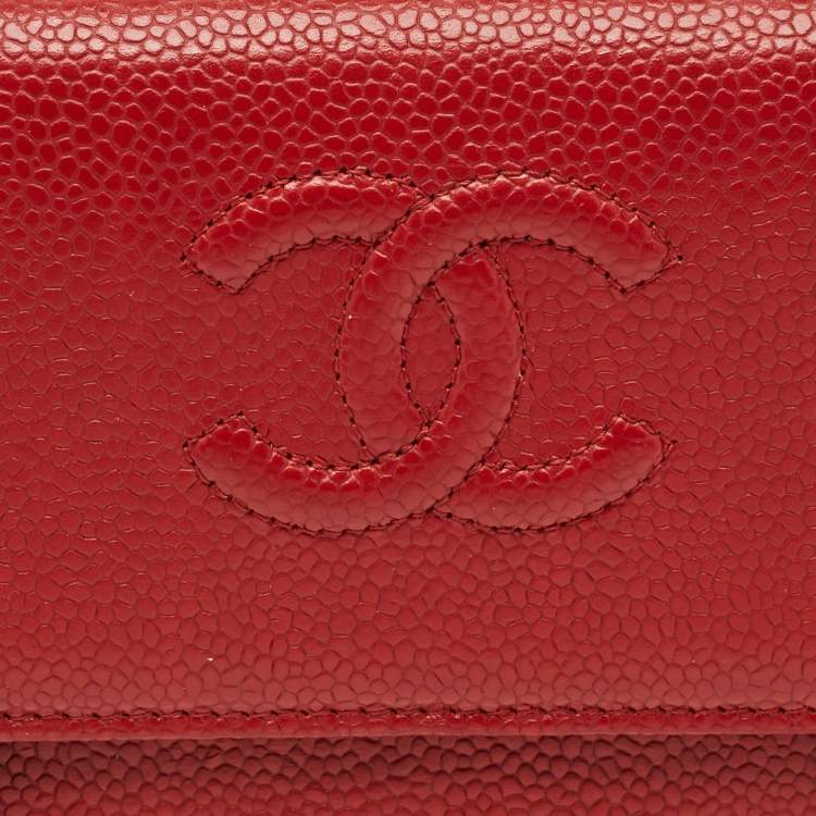 Pre Owned Chanel Red Caviar Leather CC Timeless Flap Wallet