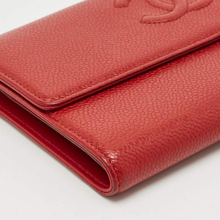 Pre Owned Chanel Red Caviar Leather CC Timeless Flap Wallet