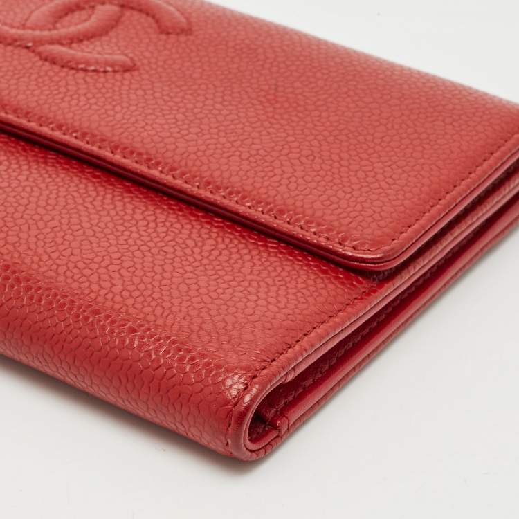 Pre Owned Chanel Red Caviar Leather CC Timeless Flap Wallet