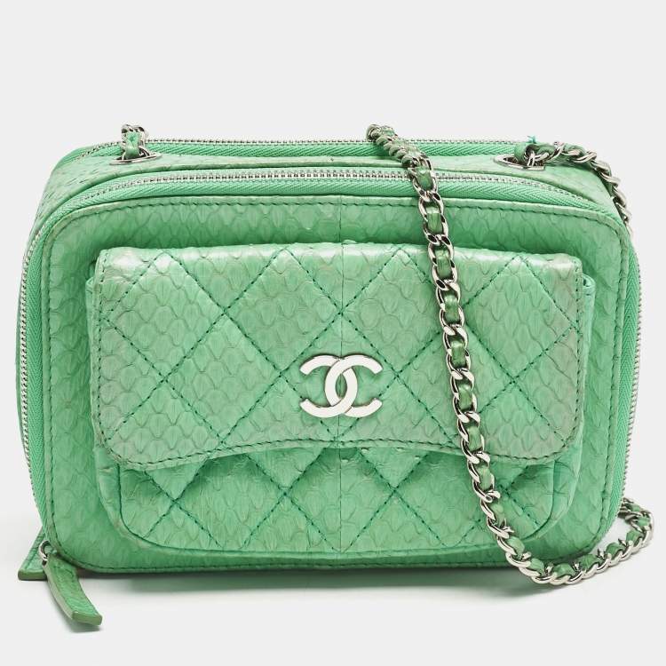 Pre Owned Chanel Green Python Mini Pocket Box Camera Case Bag