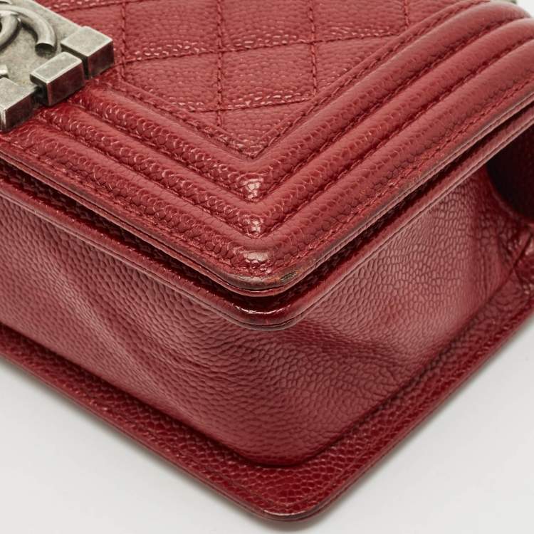 Pre Owned Chanel Red Caviar Quilted Leather Small Boy Flap Bag