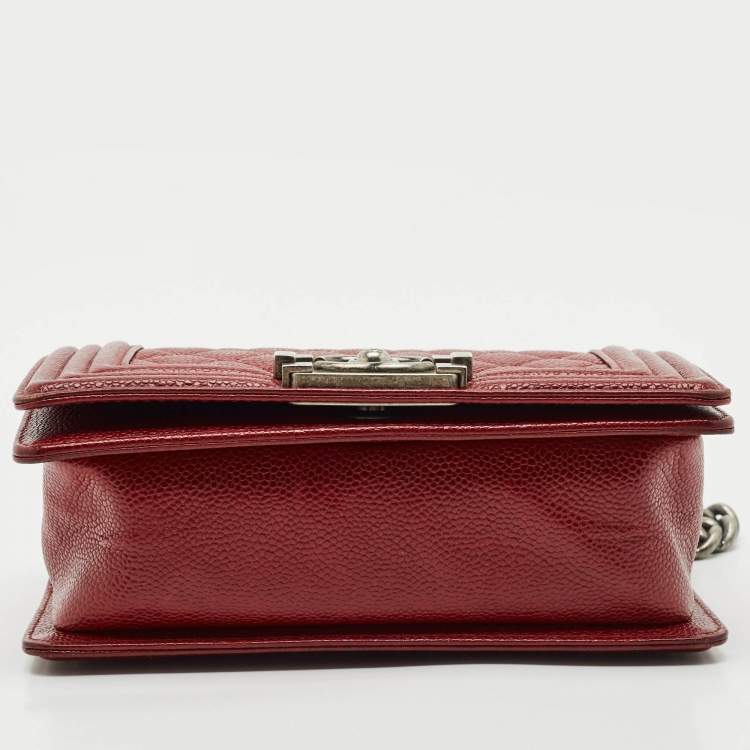 Pre Owned Chanel Red Caviar Quilted Leather Small Boy Flap Bag