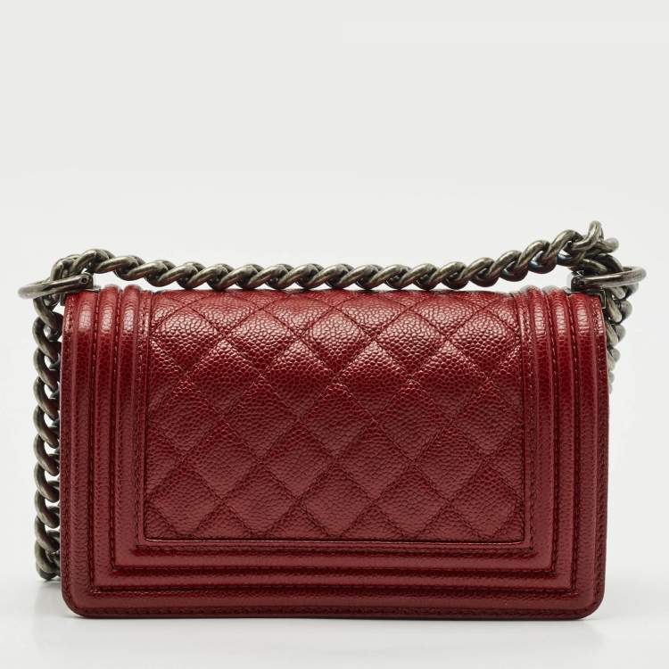 Pre Owned Chanel Red Caviar Quilted Leather Small Boy Flap Bag
