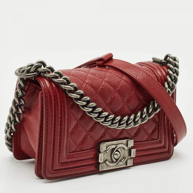 Pre Owned Chanel Red Caviar Quilted Leather Small Boy Flap Bag