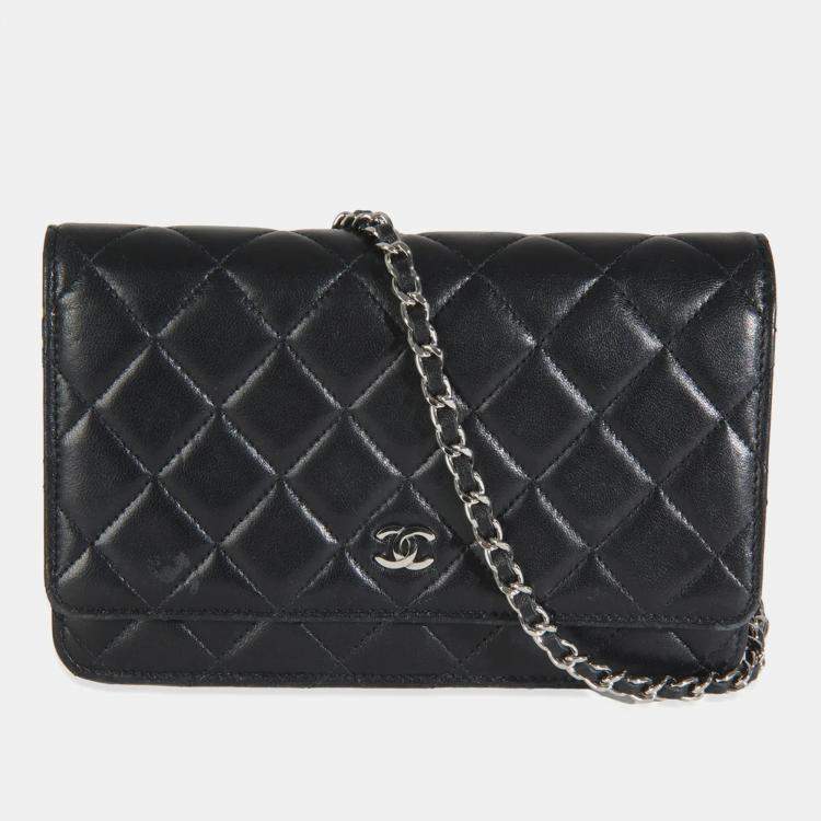 Pre Owned Chanel Black Quilted Lambskin Wallet On Chain