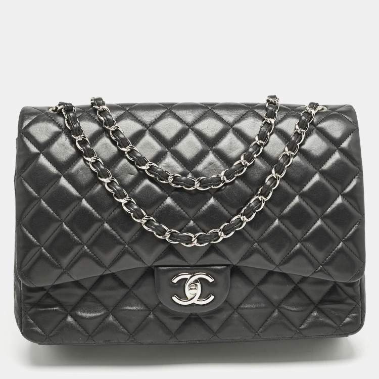 Pre Owned Chanel Black Quilted Lambskin Leather Maxi Classic Double Flap Bag