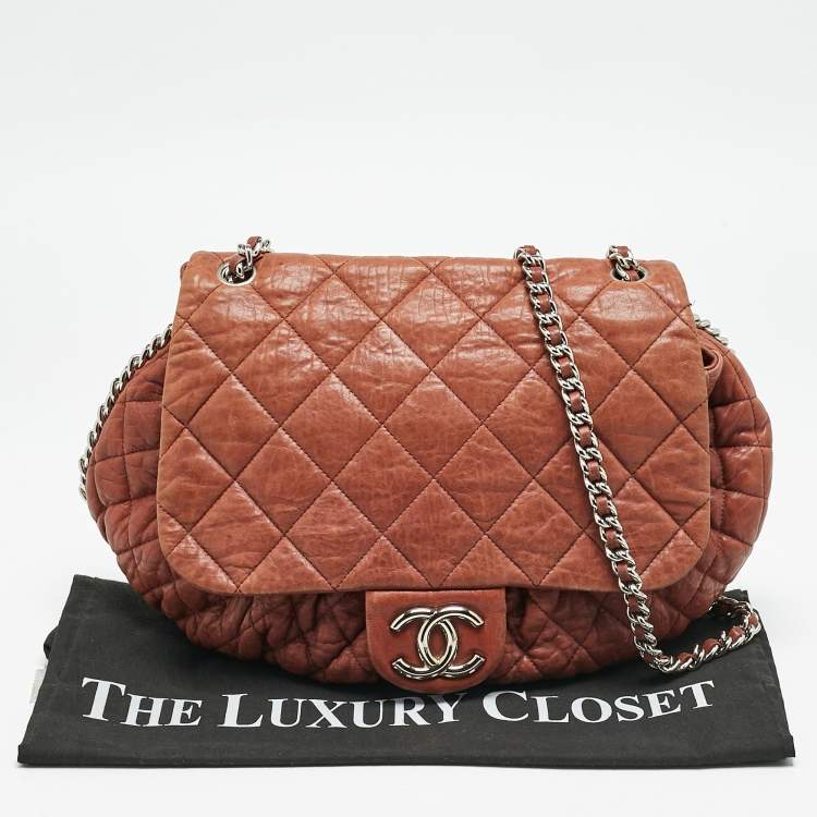 Pre Owned Chanel Brown Washed Quilted Leather Large Chain Around Messenger Bag