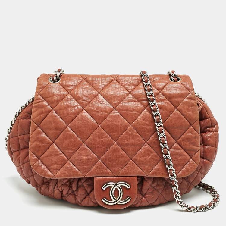 Pre Owned Chanel Brown Washed Quilted Leather Large Chain Around Messenger Bag