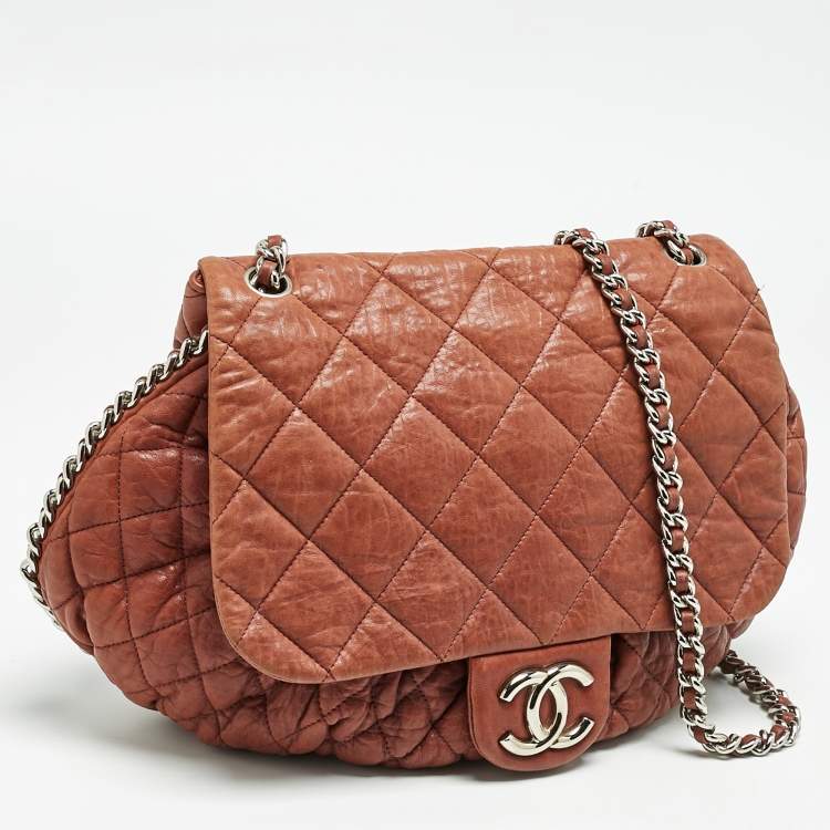 Pre Owned Chanel Brown Washed Quilted Leather Large Chain Around Messenger Bag