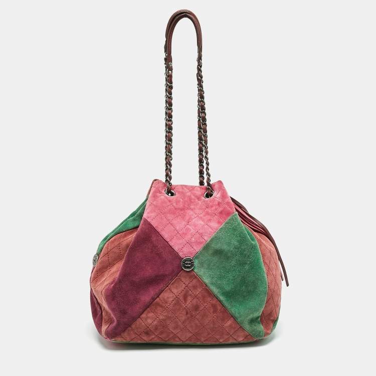 Pre Owned Chanel Multicolor Quilted Suede Patchwork Drawstring Bucket Bag