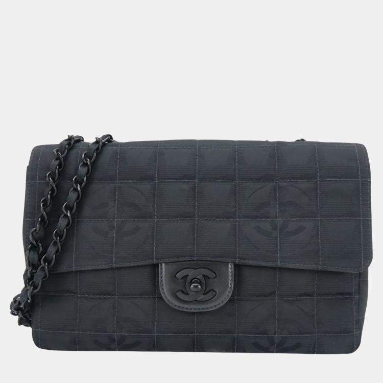 Pre Owned Chanel Black Jacquard Nylon New Travel Line Shoulder Bag