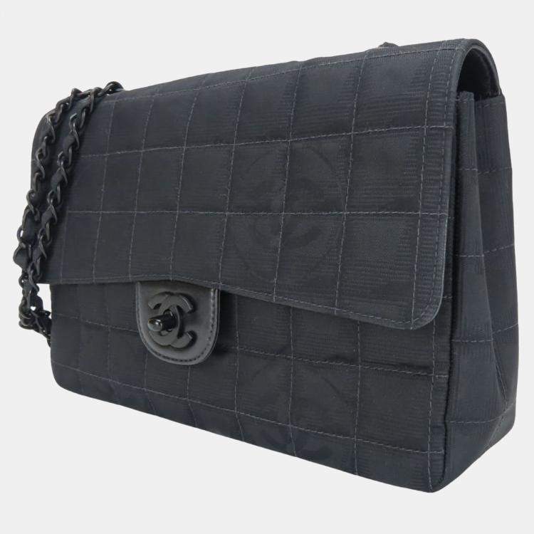 Pre Owned Chanel Black Jacquard Nylon New Travel Line Shoulder Bag
