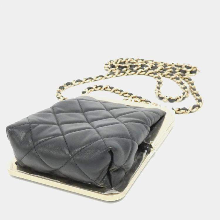 Pre Owned Chanel Black Lambskin Plexi Quilted CC Evening Clutch With Chain 