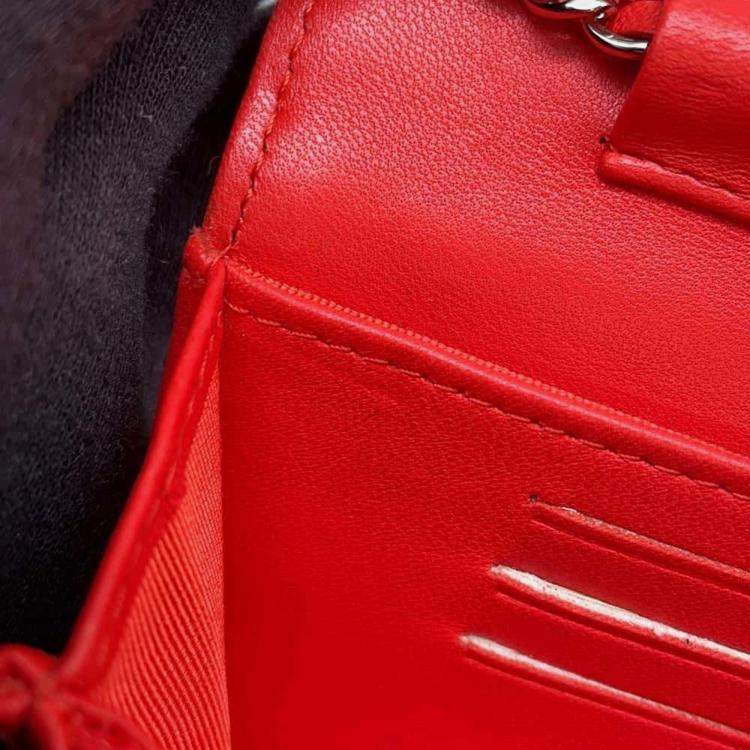 Pre Owned Chanel Red Lambskin Quilted Wallet On Chain 