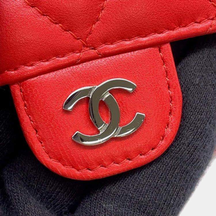 Pre Owned Chanel Red Lambskin Quilted Wallet On Chain 