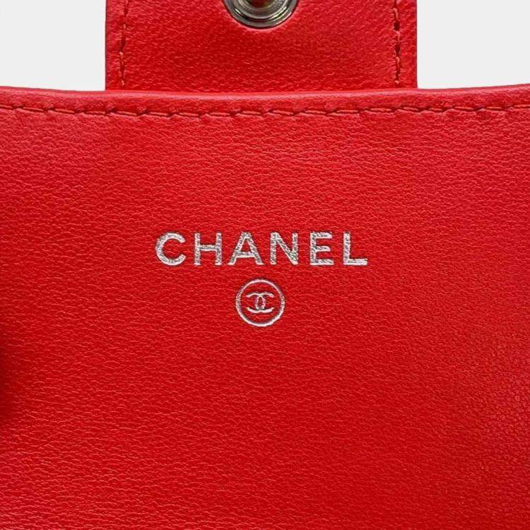 Pre Owned Chanel Red Lambskin Quilted Wallet On Chain 