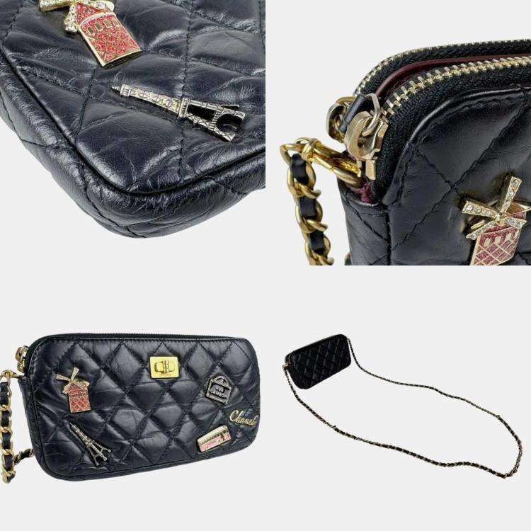 Pre Owned Chanel Black Embroidery Leather 2.55 Chain Wallet 

