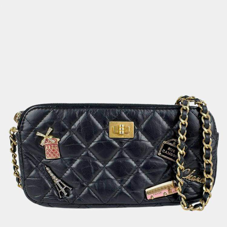 Pre Owned Chanel Black Embroidery Leather 2.55 Chain Wallet 
