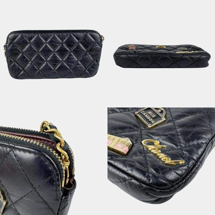 Pre Owned Chanel Black Embroidery Leather 2.55 Chain Wallet 
