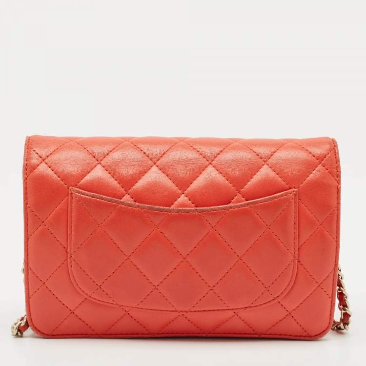Pre Owned Chanel Orange Quilted Leather CC Wallet On Chain